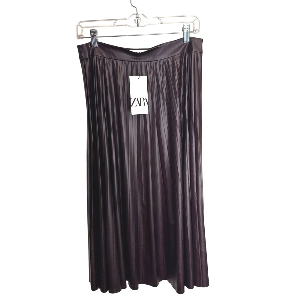 Zara Pleated Faux Leather Midi Skirt Brown High Waist 2969/268/606 Womens M